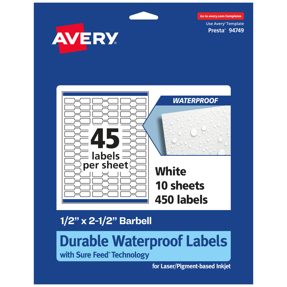 Avery Waterproof Permanent Labels With Sure Feed, 94749-WMF10, Barbell, 1/2in x 2-1/2in, White, Pack Of 450 MPN:94749-WMF10