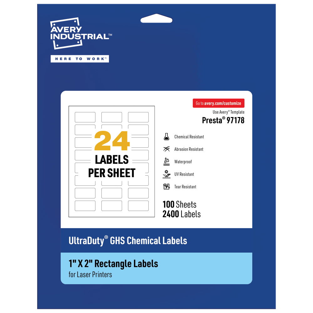 Avery Ultra Duty Permanent GHS Chemical Labels, 97178-WMU100, Rectangle, 1in x 2in, White, Pack Of 2, 400 MPN:97178-WMU100