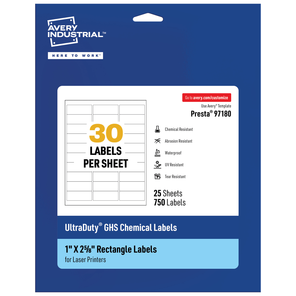 Avery Ultra Duty Permanent GHS Chemical Labels, 97180-WMU25, Rectangle, 1in x 2-5/8in, White, Pack Of 750 MPN:97180-WMU25