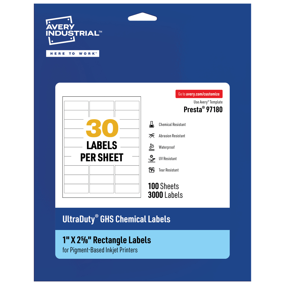 Avery Ultra Duty Permanent GHS Chemical Labels, 97180-WMUI100, Rectangle, 1in x 2-5/8in, White, Pack Of 3, 000 MPN:97180-WMUI100