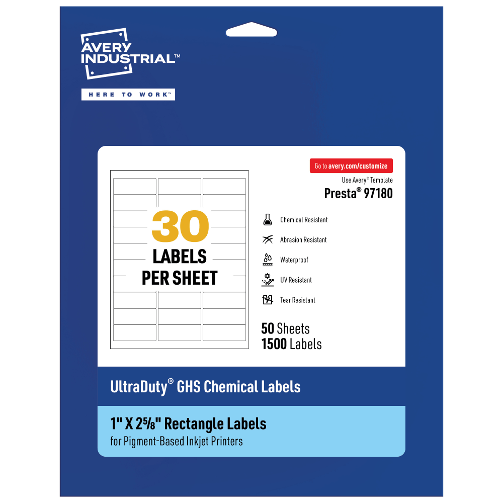 Avery Ultra Duty Permanent GHS Chemical Labels, 97180-WMUI50, Rectangle, 1in x 2-5/8in, White, Pack Of 1, 500 MPN:97180-WMUI50