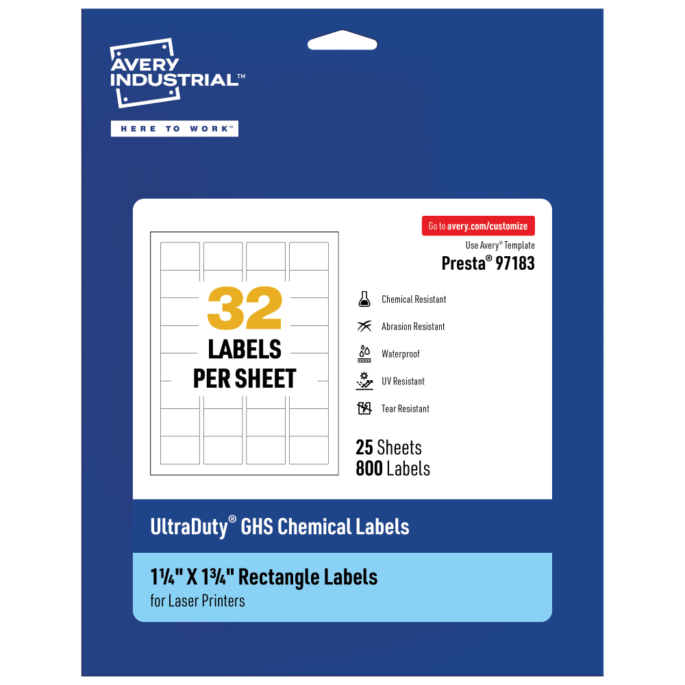 Avery Ultra Duty Permanent GHS Chemical Labels, 97183-WMU25, Rectangle, 1-1/4in x 1-3/4in, White, Pack Of 800 MPN:97183-WMU25