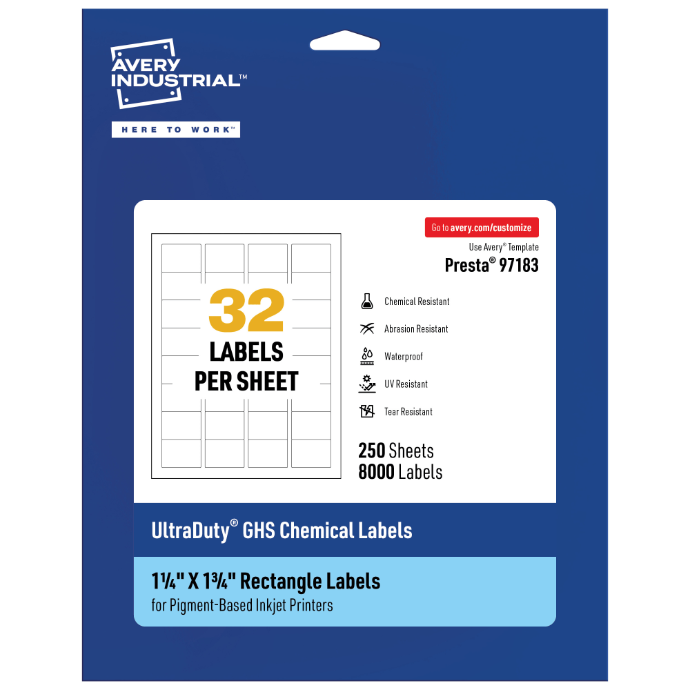 Avery Ultra Duty Permanent GHS Chemical Labels, 97183-WMUI250, Rectangle, 1-1/4in x 1-3/4in, White, Pack Of 8, 000 MPN:97183-WMUI250