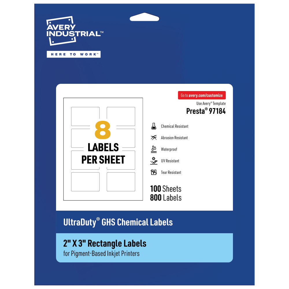 Avery Ultra Duty Permanent GHS Chemical Labels, 97184-WMUI100, Rectangle, 2in x 3in, White, Pack Of 800 MPN:97184-WMUI100