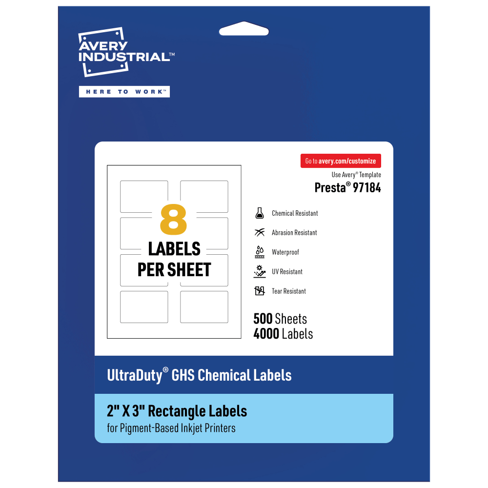 Avery Ultra Duty Permanent GHS Chemical Labels, 97184-WMUI500, Rectangle, 2in x 3in, White, Pack Of 4, 000 MPN:97184-WMUI500