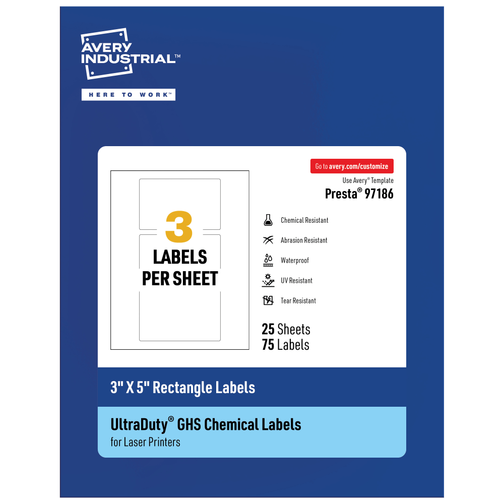 Avery Ultra Duty Permanent GHS Chemical Labels, 97186-WMU25, Rectangle, 3in x 5in, White, Pack Of 75 MPN:97186-WMU25