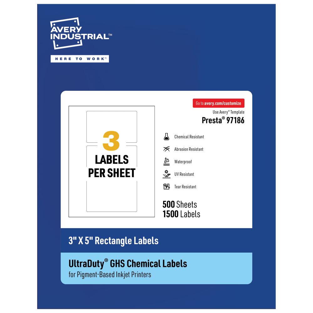 Avery Ultra Duty Permanent GHS Chemical Labels, 97186-WMUI500, Rectangle, 3in x 5in, White, Pack Of 1, 500 MPN:97186-WMUI500