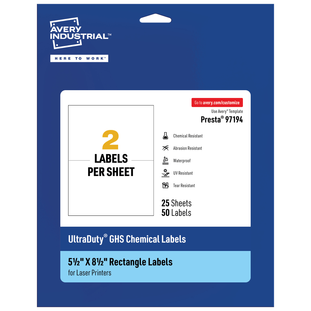Avery Ultra Duty Permanent GHS Chemical Labels, 97194-WMU25, Rectangle, 5-1/2in x 8-1/2in, White, Pack Of 50 MPN:97194-WMU25