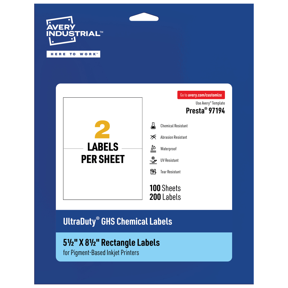 Avery Ultra Duty Permanent GHS Chemical Labels, 97194-WMUI100, Rectangle, 5-1/2in x 8-1/2in, White, Pack Of 200 MPN:97194-WMUI100