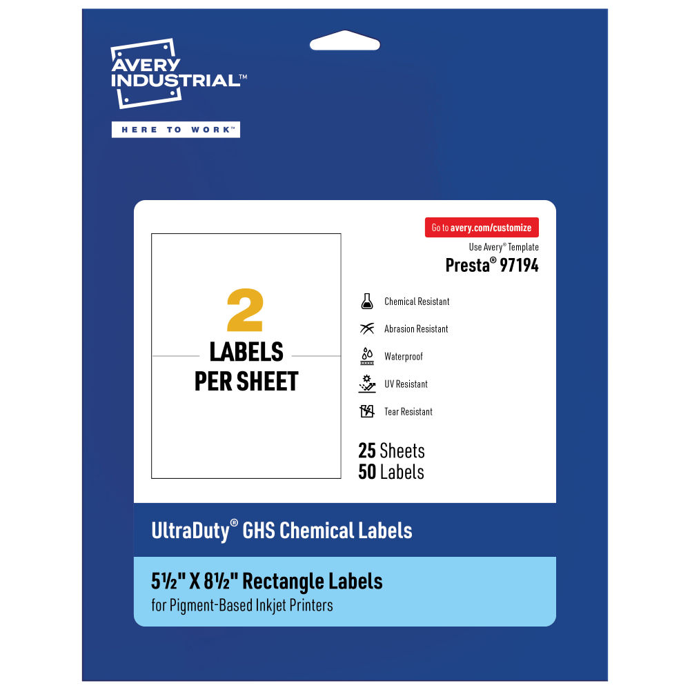 Avery Ultra Duty Permanent GHS Chemical Labels, 97194-WMUI25, Rectangle, 5-1/2in x 8-1/2in, White, Pack Of 50 MPN:97194-WMUI25