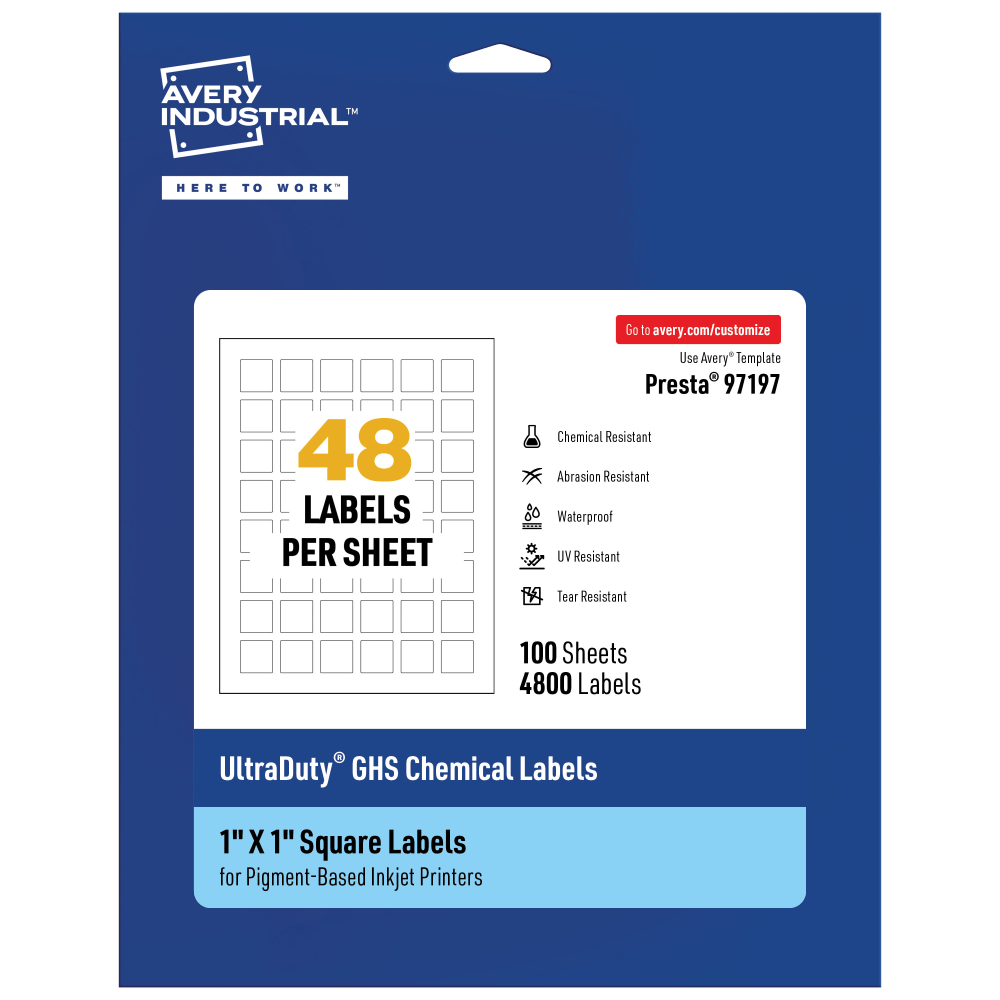 Avery Ultra Duty Permanent GHS Chemical Labels, 97197-WMUI100, Square, 1in x 1in, White, Pack Of 4, 800 MPN:97197-WMUI100