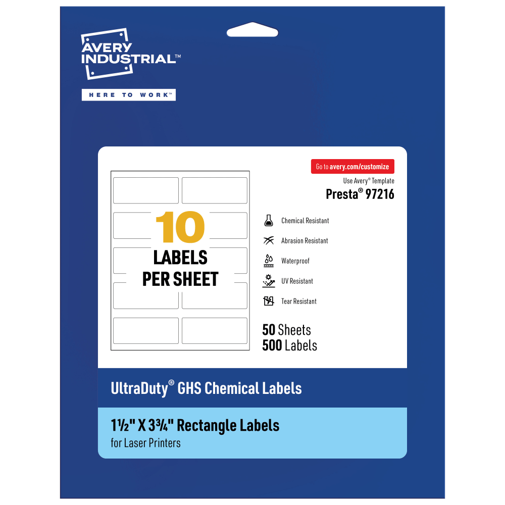 Avery Ultra Duty Permanent GHS Chemical Labels, 97216-WMU50, Rectangle, 1-1/2in x 3-3/4in, White, Pack Of 500 MPN:97216-WMU50