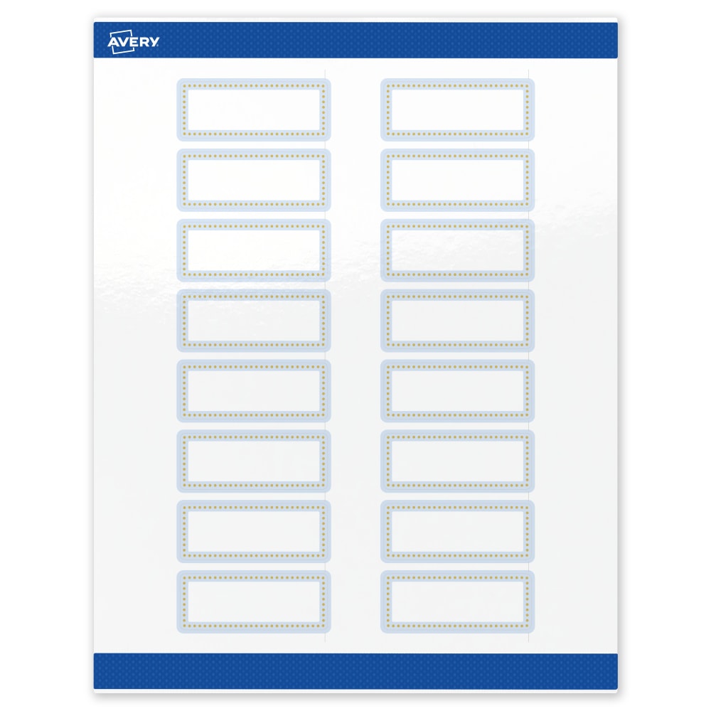 Avery Print-To-The-Edge Labels & Sure Feed, S00-D2E-PRWGP10, 1in x 2-5/8in, Glossy White, Preprinted Blue Border & Gold Dots Design, Pack Of 160 MPN:S00-D2E-PRWGP10