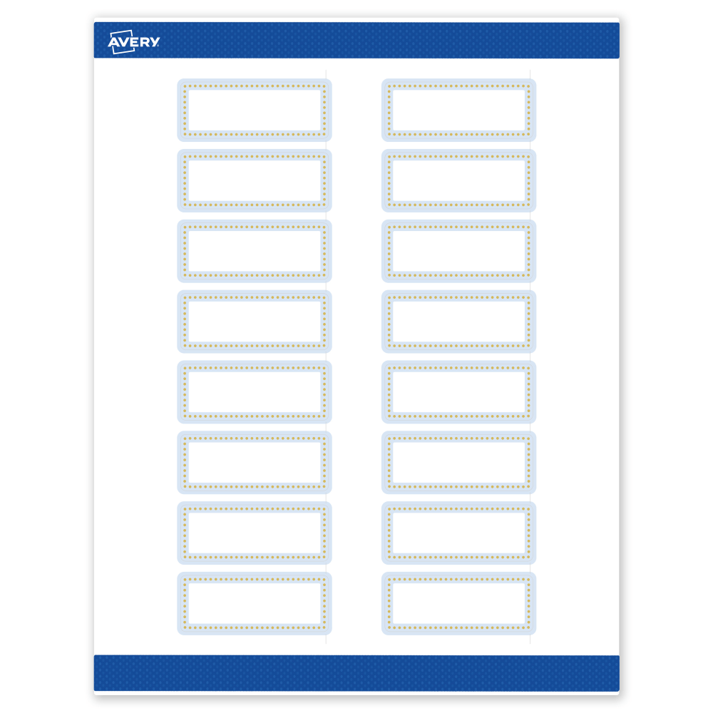 Avery Print-To-The-Edge Labels & Sure Feed, S00-D2E-PRWMP10, 1in x 2-5/8in, Matte White, Preprinted Blue Border & Gold Dots Design, Pack Of 160 MPN:S00-D2E-PRWMP10