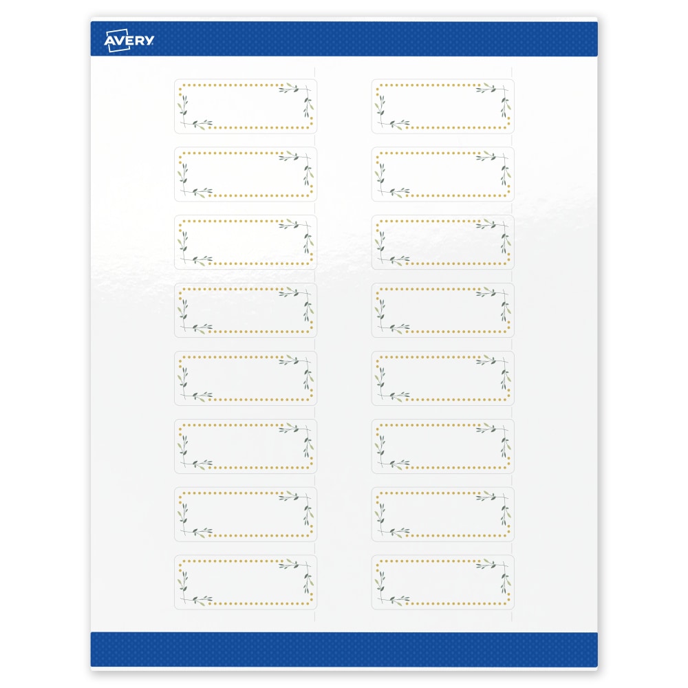 Avery Print-To-The-Edge Labels & Sure Feed, S00-D2R-PRWGP10, 1in x 2-5/8in, Glossy White, Preprinted Green Floral & Gold Dots Design, Pack Of 160 MPN:S00-D2R-PRWGP10