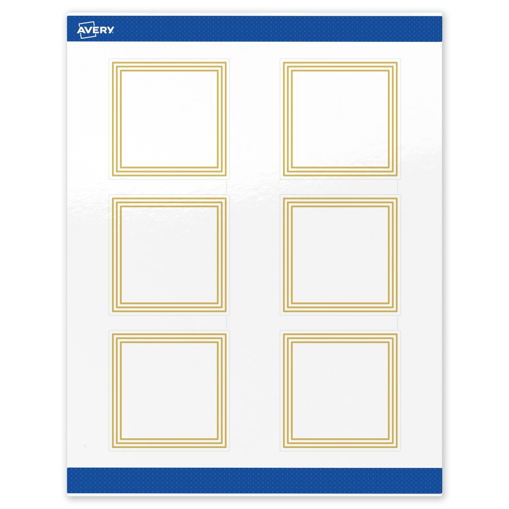 Avery Print-To-The-Edge Labels & Sure Feed, S00-DHJ-PRWGP10, 3in x 3in, Glossy White, Preprinted Multi-Lined Gold Border Design, Pack Of 60 MPN:S00-DHJ-PRWGP10