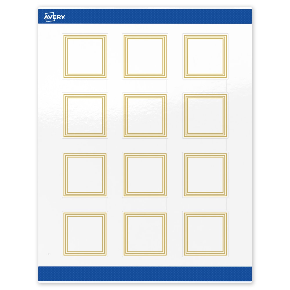 Avery Print-To-The-Edge Labels & Sure Feed, S00-DHT-PRWGP10, 2in x 2in, Glossy White, Preprinted Multi-Lined Gold Border Design, Pack Of 120 MPN:S00-DHT-PRWGP10