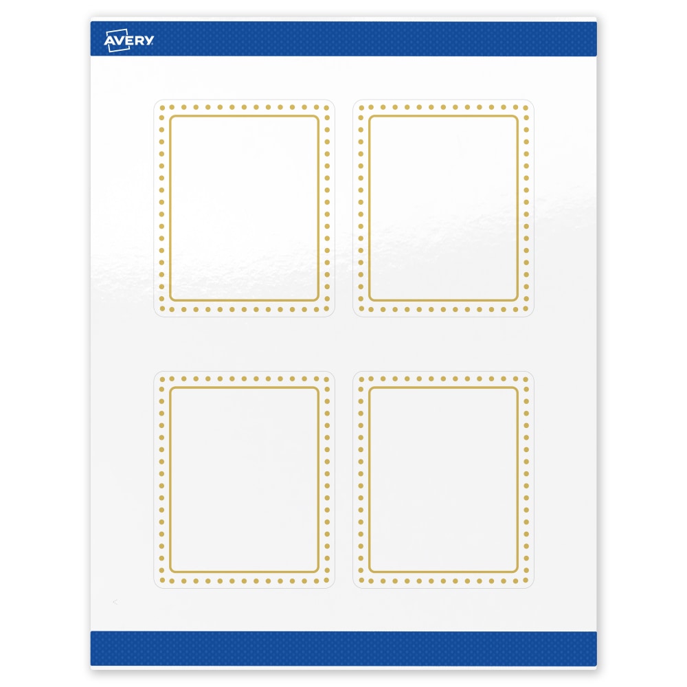 Avery Print-To-The-Edge Labels & Sure Feed, S00-DHW-PRWGP10, 4in x 3-1/3in, Glossy White, Preprinted Gold Border & Gold Dots Design, Pack Of 40 MPN:S00-DHW-PRWGP10