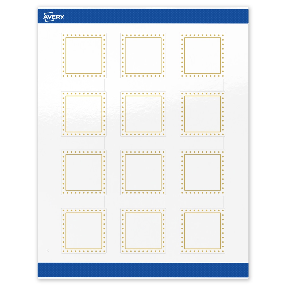 Avery Print-To-The-Edge Labels & Sure Feed, S00-DHY-PRWGP10, 2in x 2in, Glossy White, Preprinted Gold Border & Gold Dots Design, Pack Of 120 MPN:S00-DHY-PRWGP10