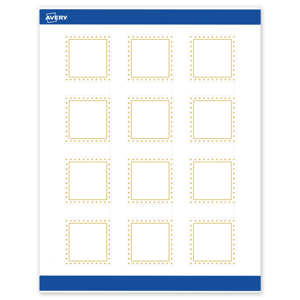 Avery Print-To-The-Edge Labels & Sure Feed, S00-DHY-PRWMP10, 2in x 2in, Matte White, Preprinted Gold Border & Gold Dots Design, Pack Of 120 MPN:S00-DHY-PRWMP10
