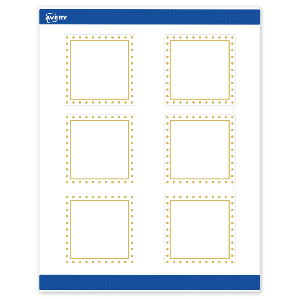 Avery Print-To-The-Edge Labels & Sure Feed, S00-DHZ-PRWMP10, 3in x 3in, Matte White, Preprinted Gold Border & Gold Dots Design, Pack Of 60 MPN:S00-DHZ-PRWMP10