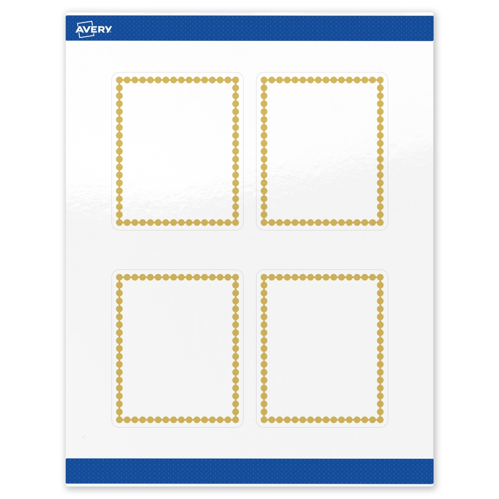 Avery Print-To-The-Edge Labels & Sure Feed, S00-DJ8-PRWGP10, 4in x 3-1/3in, Glossy White, Preprinted Gold Beads Design, Pack Of 40 MPN:S00-DJ8-PRWGP10