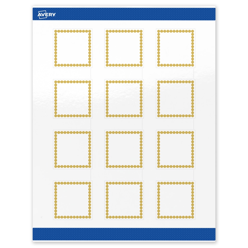 Avery Print-To-The-Edge Labels With Sure Feed Technology, S00-DJA-PRWGP10, Square, 2in x 2in, Glossy White, Preprinted Gold Beads Design, Pack Of 120 MPN:S00-DJA-PRWGP10