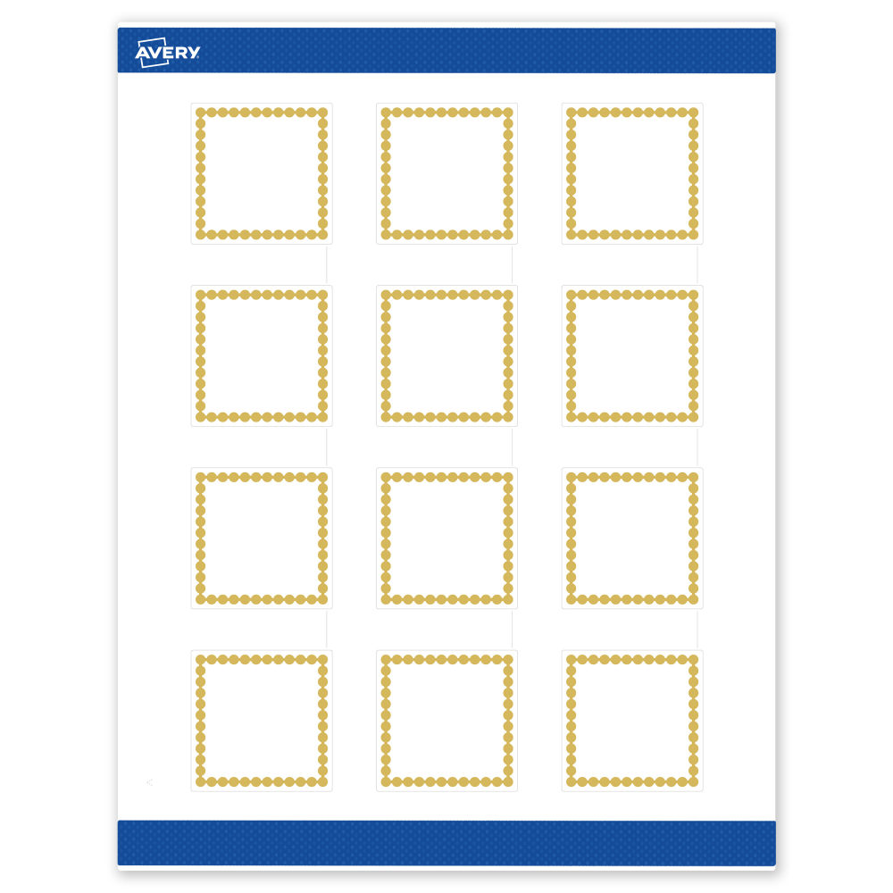 Avery Print-To-The-Edge Labels With Sure Feed Technology, S00-DJA-PRWMP10, Square, 2in x 2in, Matte White, Preprinted Gold Beads Design, Pack Of 120 MPN:S00-DJA-PRWMP10