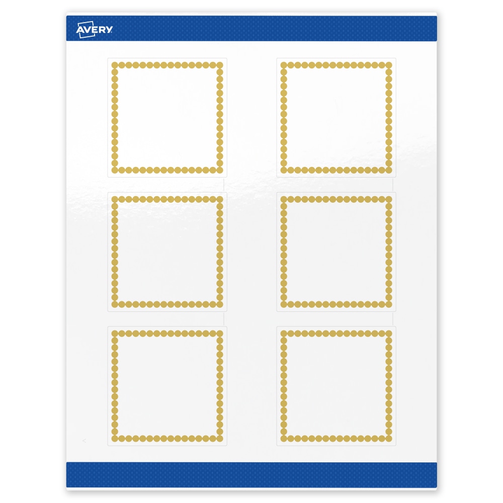 Avery Print-To-The-Edge Labels With Sure Feed Technology, S00-DJB-PRWGP10, Square, 3in x 3in, Glossy White, Preprinted Gold Beads Design, Pack Of 60 MPN:S00-DJB-PRWGP10