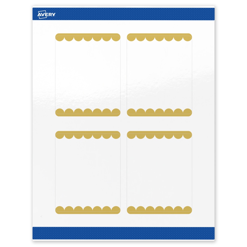 Avery Print-To-The-Edge Labels & Sure Feed, S00-DJZ-PRWGP10, 4in x 3-1/3in, Glossy White, Preprinted Gold Dots Edge Design, Pack Of 40 MPN:S00-DJZ-PRWGP10