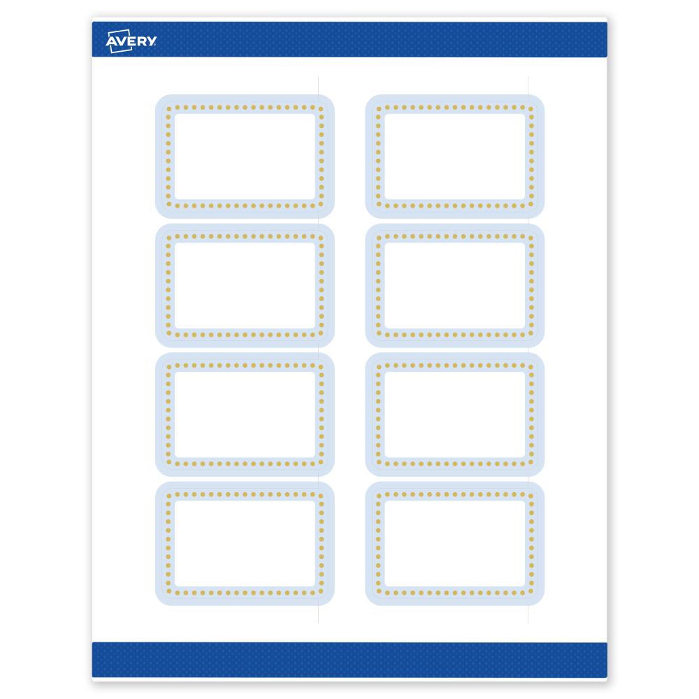 Avery Print-To-The-Edge Labels & Sure Feed, S00-DMB-PRWMP10, 2in x 3in, Matte White, Preprinted Blue Border & Gold Dots Design, Pack Of 80 MPN:S00-DMB-PRWMP10