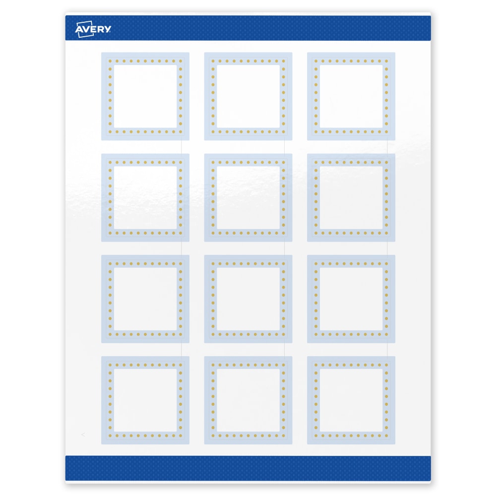 Avery Print-To-The-Edge Labels & Sure Feed, S00-DME-PRWGP10, 2in x 2in, Glossy White, Preprinted Blue Border & Gold Dots Design, Pack Of 120 MPN:S00-DME-PRWGP10