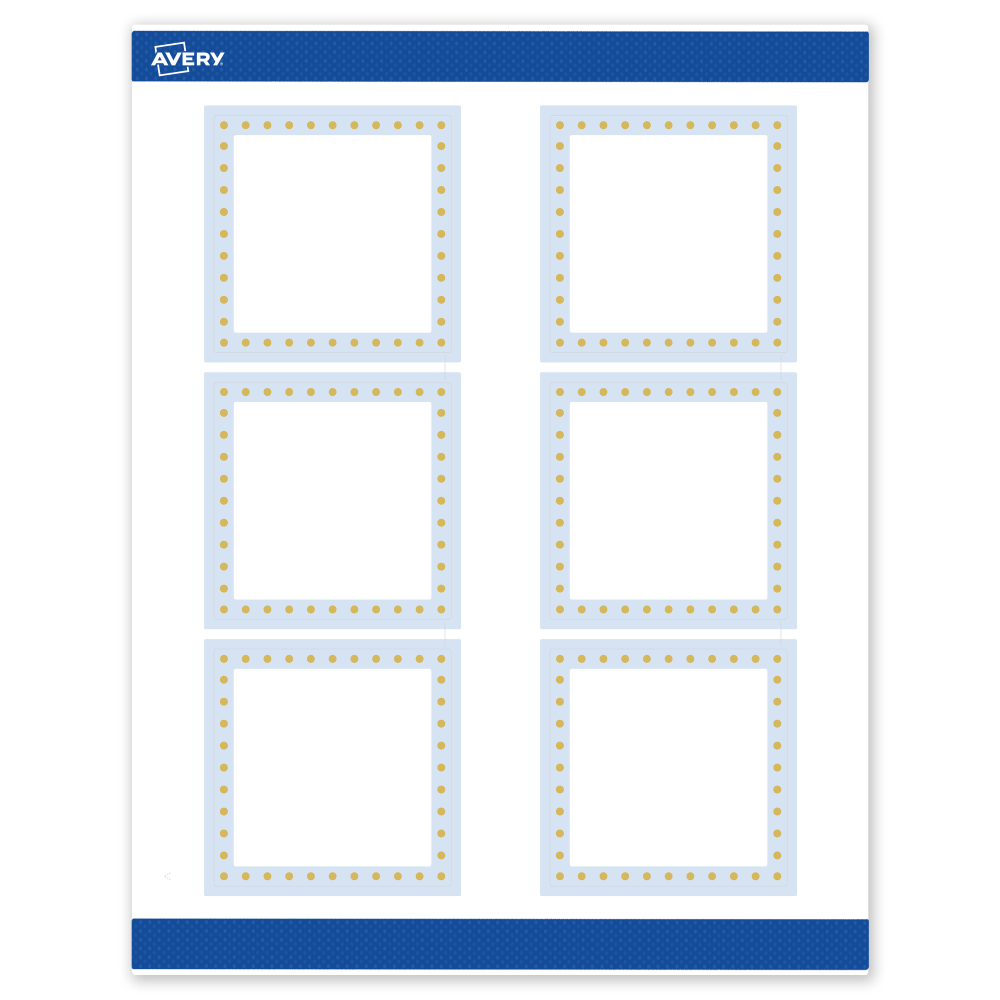 Avery Print-To-The-Edge Labels & Sure Feed, S00-DMF-PRWMP10, 3in x 3in, Matte White, Preprinted Blue Border & Gold Dots Design, Pack Of 60 MPN:S00-DMF-PRWMP10