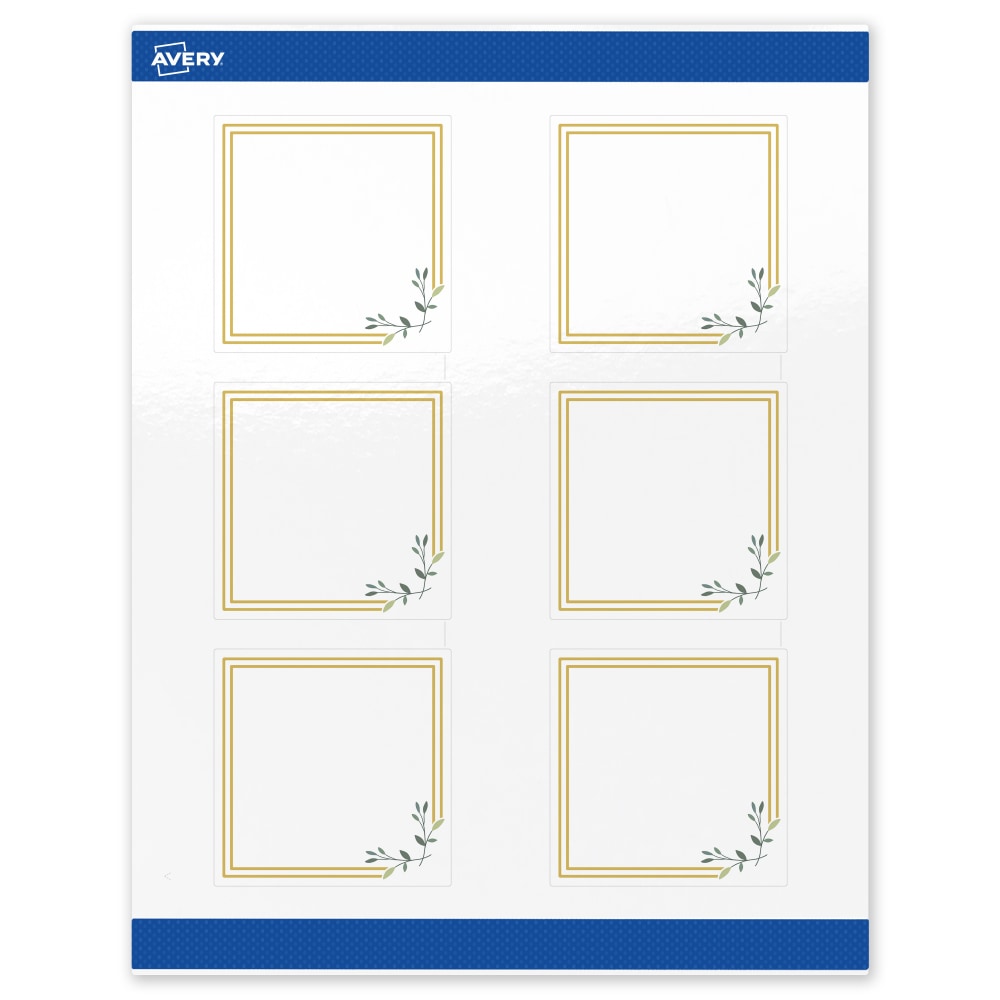 Avery Print-To-The-Edge Labels & Sure Feed, S00-DMT-PRWGP10, 3in x 3in, Glossy White, Preprinted Double Gold Border & Floral Design, Pack Of 60 MPN:S00-DMT-PRWGP10