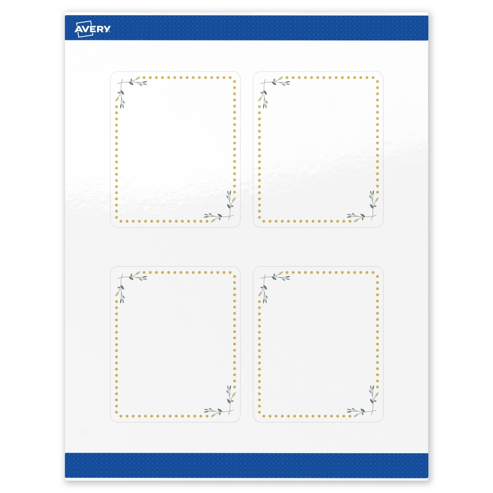 Avery Print-To-The-Edge Labels & Sure Feed, S00-DN3-PRWGP10, 4in x 3-1/3in, Glossy White, Preprinted Green Floral & Gold Dots Design, Pack Of 40 MPN:S00-DN3-PRWGP10