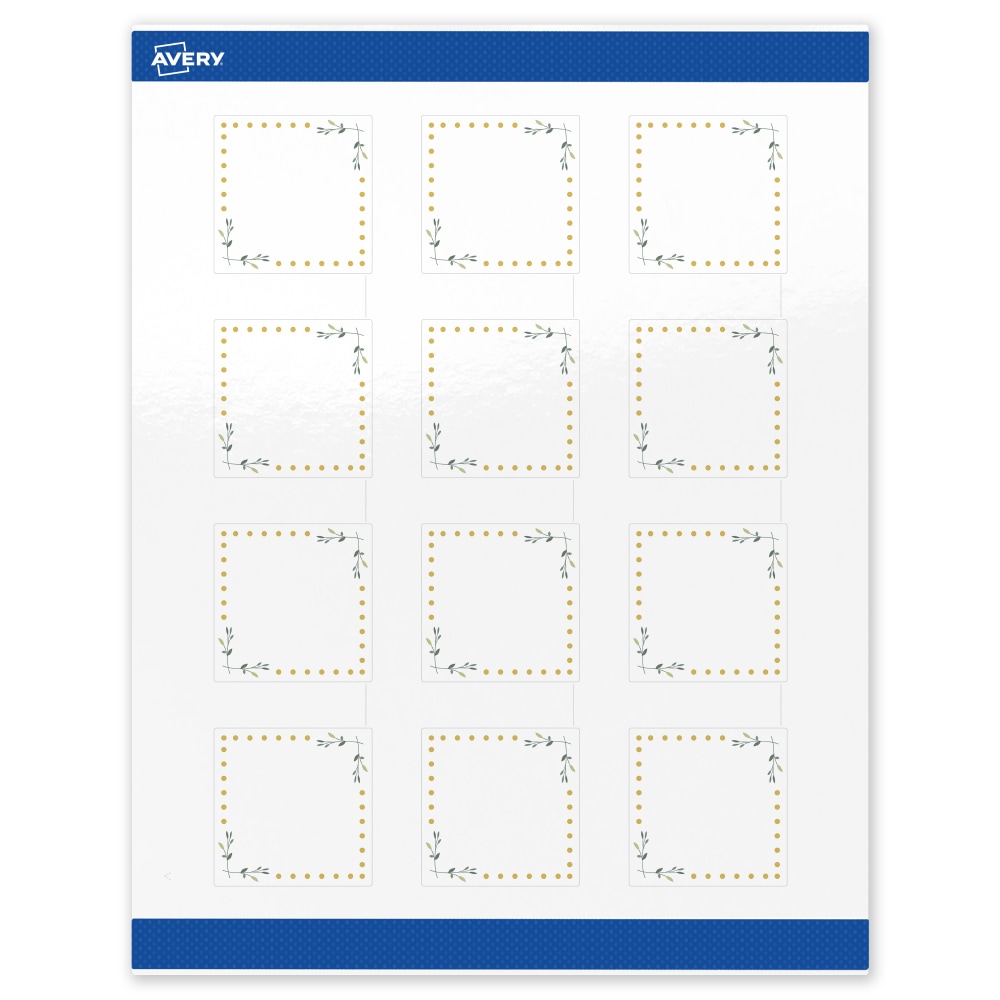 Avery Print-To-The-Edge Labels & Sure Feed, S00-DN5-PRWGP10, 2in x 2in, Glossy White, Preprinted Green Floral & Gold Dots Design, Pack Of 120 MPN:S00-DN5-PRWGP10