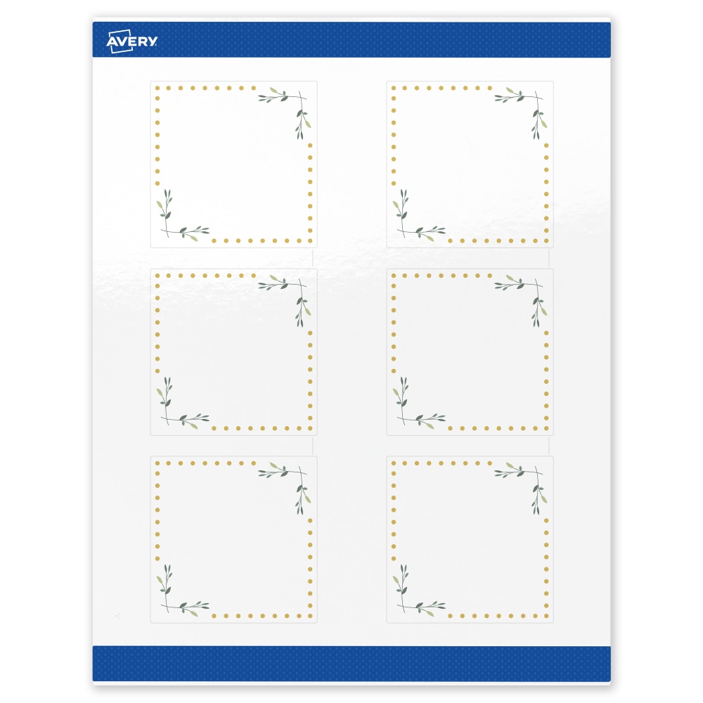 Avery Print-To-The-Edge Labels & Sure Feed, S00-DN6-PRWGP10, 3in x 3in, Glossy White, Preprinted Green Floral & Gold Dots Design, Pack Of 60 MPN:S00-DN6-PRWGP10