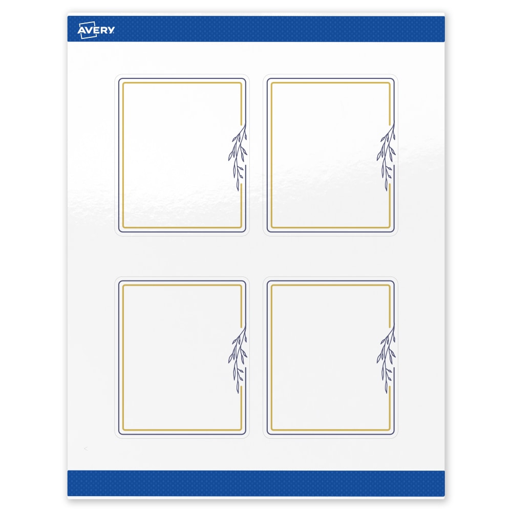 Avery Print-To-The-Edge Labels & Sure Feed, S00-DNF-PRWGP10, 4in x 3-1/3in, Glossy White, Preprinted Gold & Navy Border & Floral Design, Pack Of 40 MPN:S00-DNF-PRWGP10
