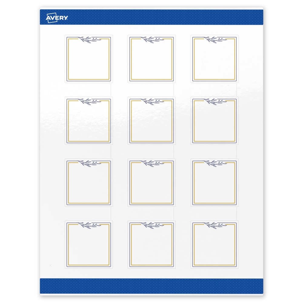 Avery Print-To-The-Edge Labels & Sure Feed, S00-DNH-PRWGP10, 2in x 2in, Glossy White, Preprinted Gold & Navy Border & Floral Design, Pack Of 120 MPN:S00-DNH-PRWGP10