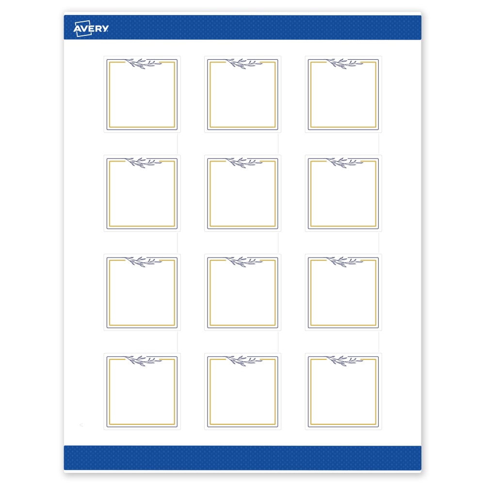Avery Print-To-The-Edge Labels & Sure Feed, S00-DNH-PRWMP10, 2in x 2in, Matte White, Preprinted Gold & Navy Border & Floral Design, Pack Of 120 MPN:S00-DNH-PRWMP10