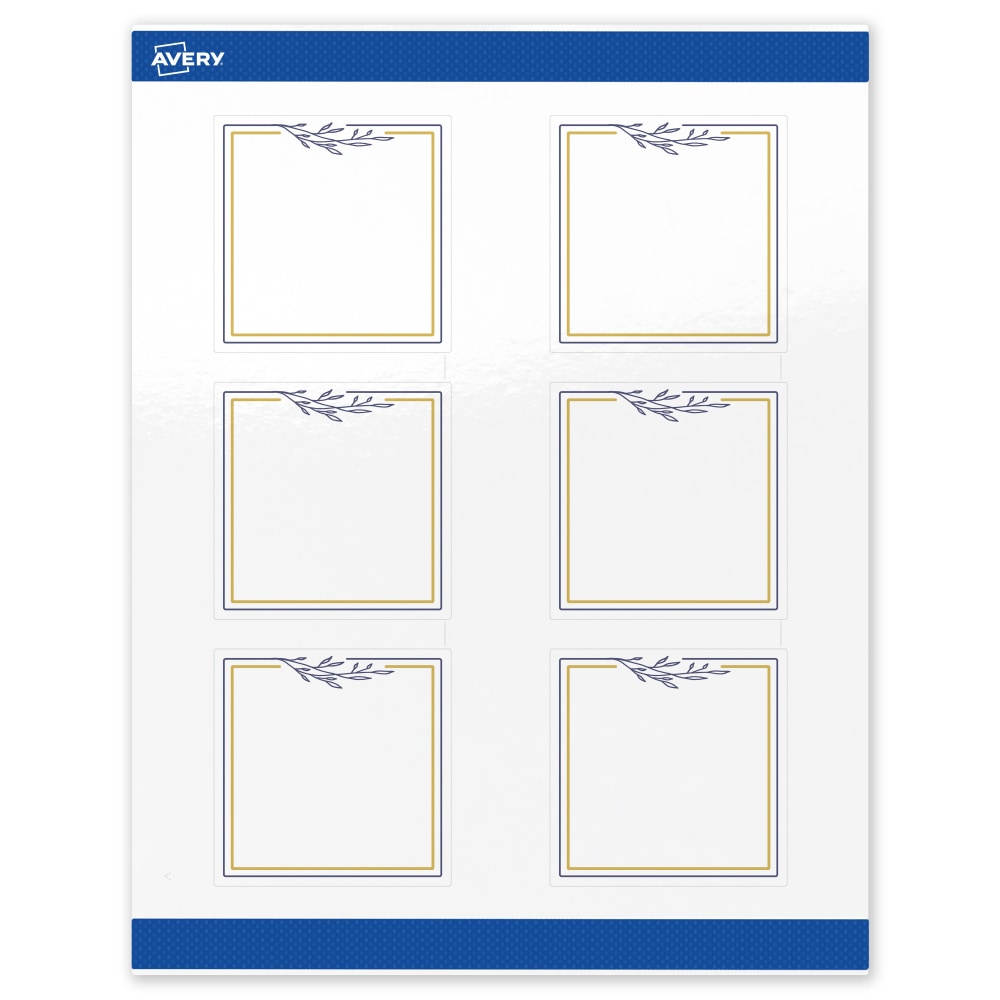 Avery Print-To-The-Edge Labels & Sure Feed, S00-DNJ-PRWGP10, 3in x 3in, Glossy White, Preprinted Gold & Navy Border & Floral Design, Pack Of 60 MPN:S00-DNJ-PRWGP10