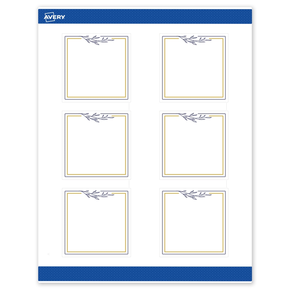 Avery Print-To-The-Edge Labels & Sure Feed, S00-DNJ-PRWMP10, 3in x 3in, Matte White, Preprinted Gold & Navy Border & Floral Design, Pack Of 60 MPN:S00-DNJ-PRWMP10