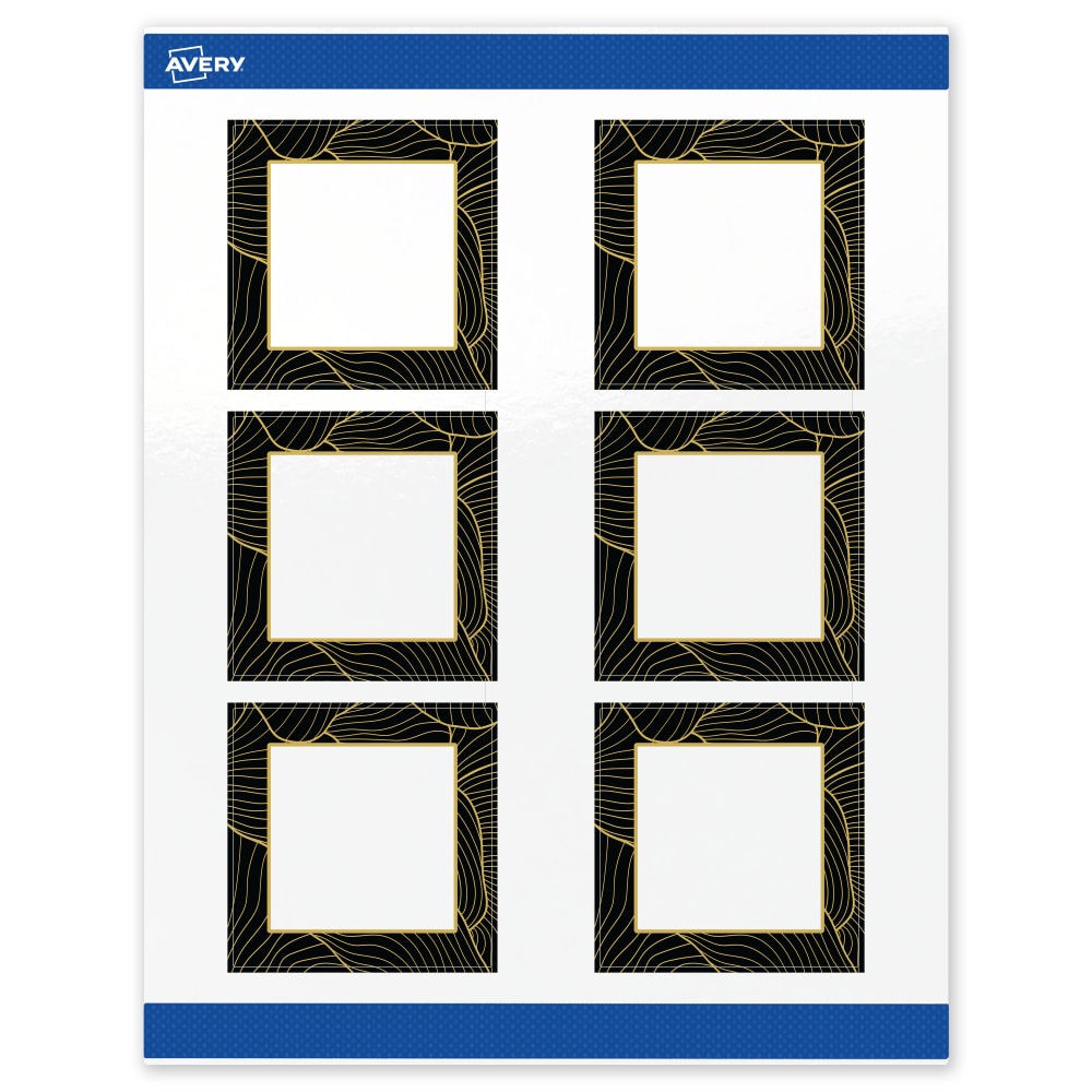 Avery Printable Labels With Sure Feed Technology, S00-ETD, Square, 3in x 3in, Glossy White With Preprinted Black/Gold Vein Border, Pack Of 60 MPN:S00-ETD-PRWGP10