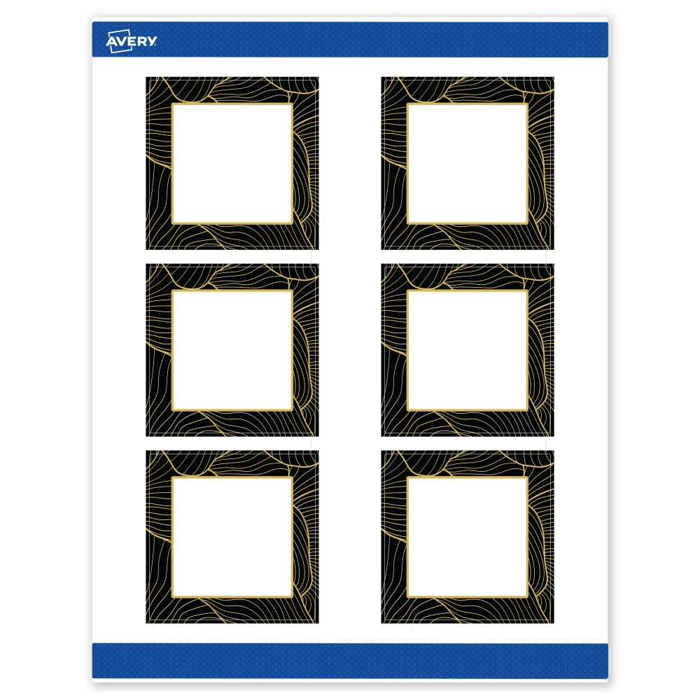 Avery Printable Labels With Sure Feed Technology, S00-ETD, Square, 3in x 3in, Matte White With Preprinted Black/Gold Vein Border, Pack Of 60 MPN:S00-ETD-PRWMP10