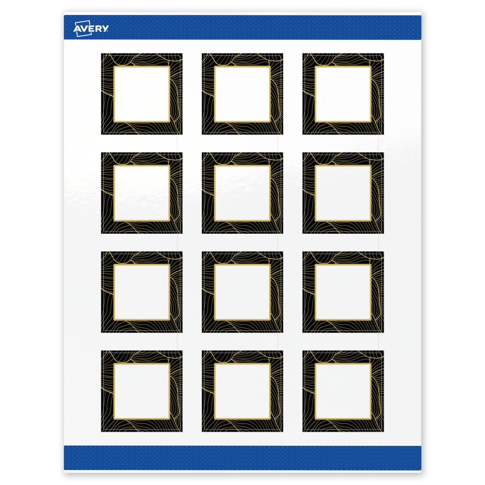 Avery Printable Labels With Sure Feed Technology, S00-ETE, Square, 2in x 2in, Glossy White With Preprinted Black/Gold Vein Border, Pack Of 120 MPN:S00-ETE-PRWGP10