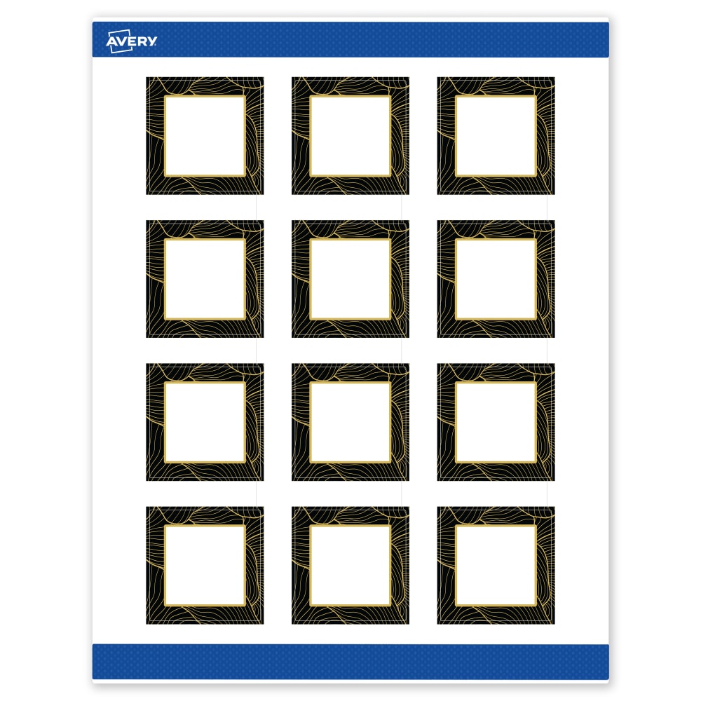Avery Printable Labels With Sure Feed Technology, S00-ETE, Square, 2in x 2in, Matte White With Preprinted Black/Gold Vein Border, Pack Of 120 MPN:S00-ETE-PRWMP10