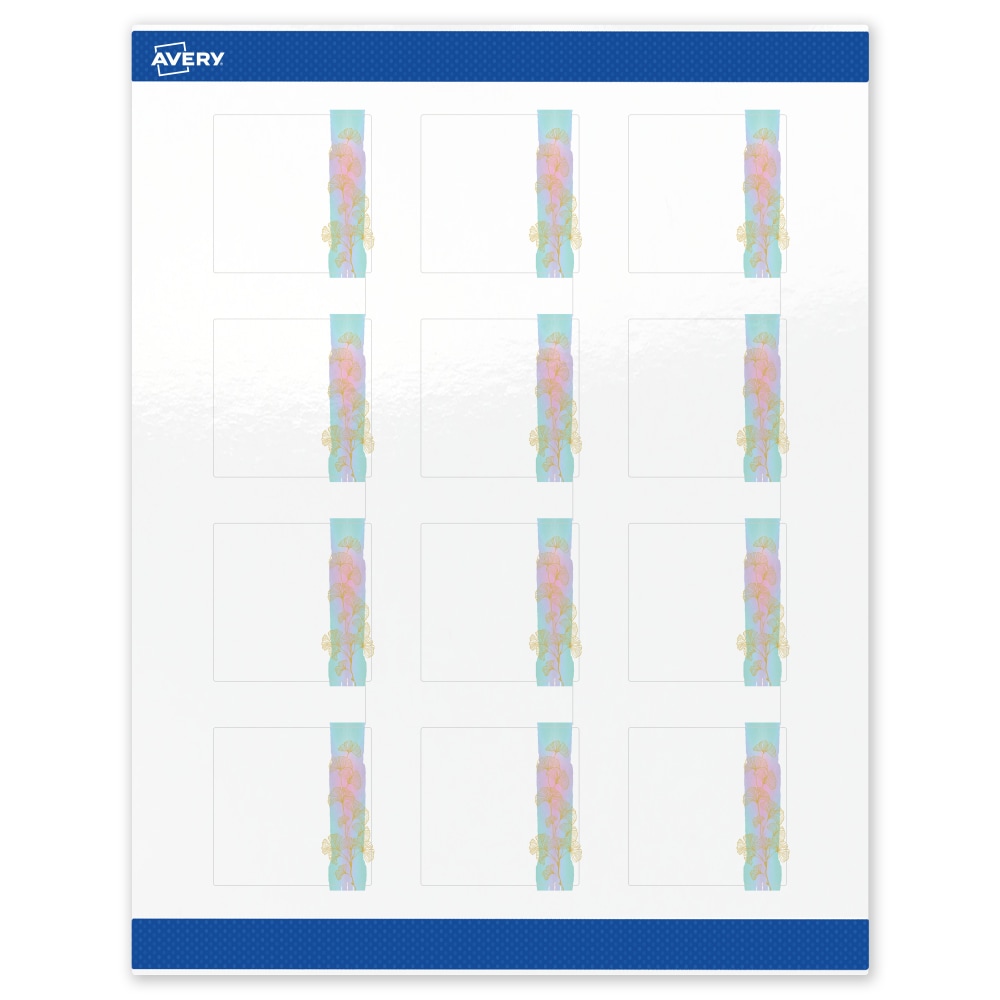 Avery Printable Labels With Sure Feed Technology, S00-EVB, Square, 2in x 2in, Glossy White With Preprinted Watercolor/Gold Leaf Design, Pack Of 120 MPN:S00-EVB-PRWGP10