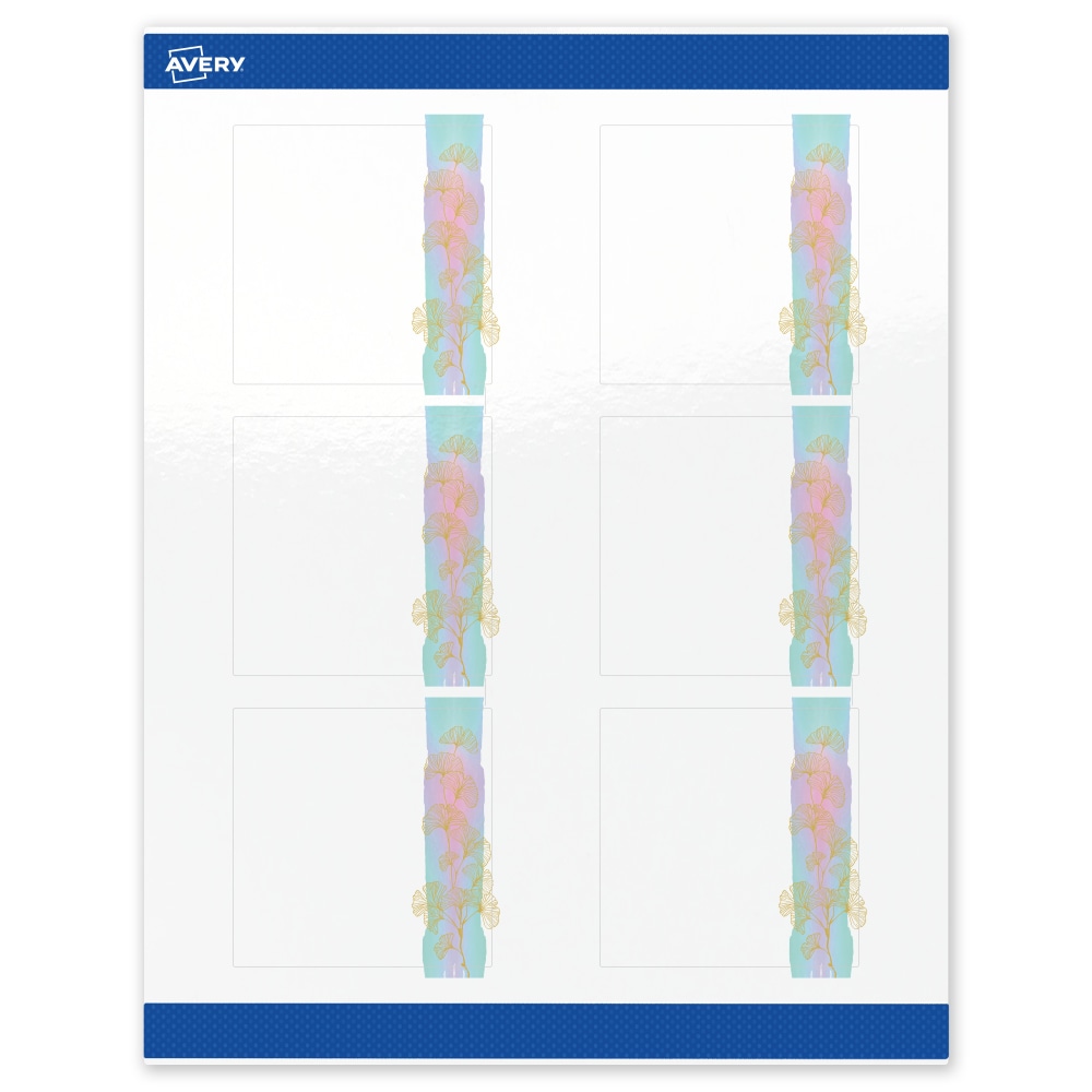 Avery Printable Labels With Sure Feed Technology, S00-EVR, Square, 3in x 3in, Glossy White With Preprinted Watercolor/Gold Leaf Design, Pack Of 60 MPN:S00-EVR-PRWGP10