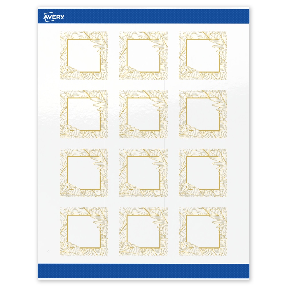 Avery Printable Labels With Sure Feed Technology, S00-EVT, Square, 2in x 2in, Glossy White With Preprinted Gold Leaf Pattern, Pack Of 120 MPN:S00-EVT-PRWGP10