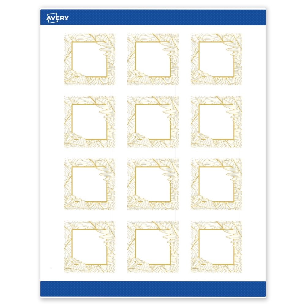Avery Printable Labels With Sure Feed Technology, S00-EVT, Square, 2in x 2in, Matte White With Preprinted Gold Leaf Pattern, Pack Of 120 MPN:S00-EVT-PRWMP10